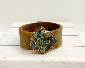 Leather Cuff, Destructed Style, Handmade, Hand Painted, Wire Wrapped Imperial Jasper, Aqua, Unisex Jewelry, Gift Ideas