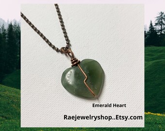 Emerald Heart Pendant, Necklace, Copper Wire, Ball and Chain, Handmade, Gender Neutral,Gift Ideas, Teacher gift, Gift for Friend, Birthday