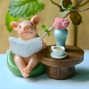 Cute Pig Reading Miniature Decoration Art | Great gift | Funny Gift | Chilling Drinking Coffee | Christmas Gift | Namaste | Xmas Home Decor