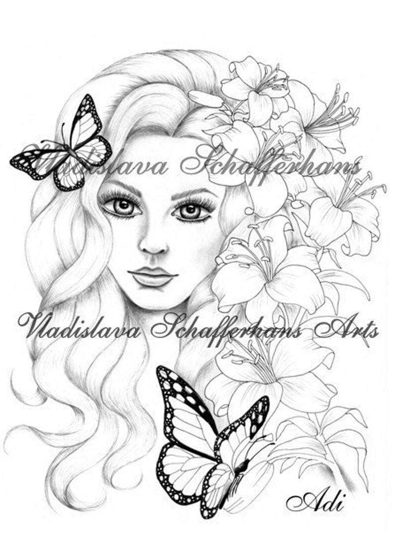 Arts Coloring page GIRL WITH LILIES image 1