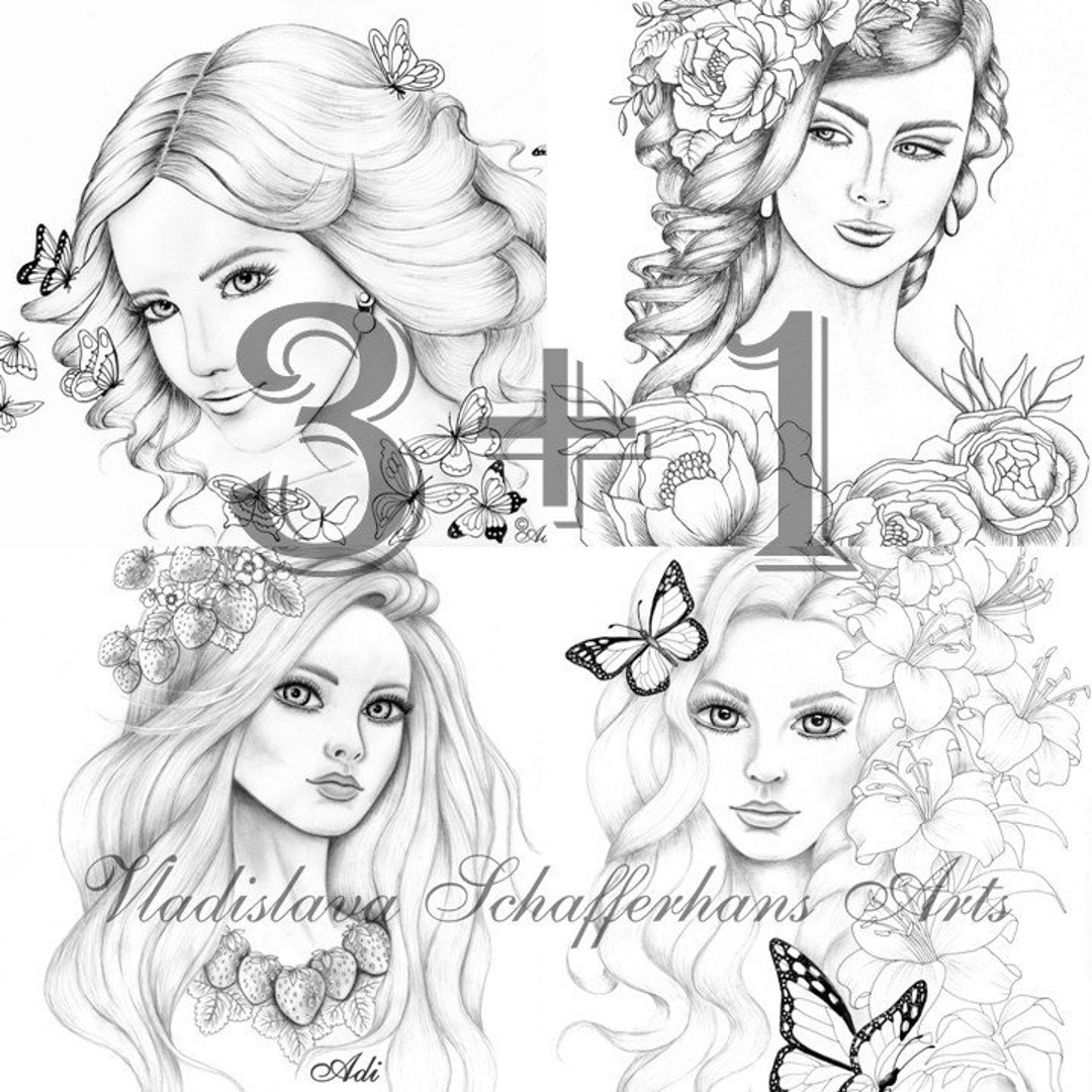 4x Arts Coloring Page Girls - 3+1 Gratis - Etsy