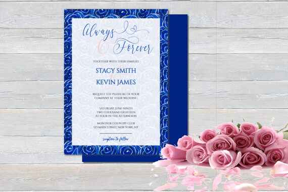 royal blue wedding invitation blue roses wedding invitation etsy