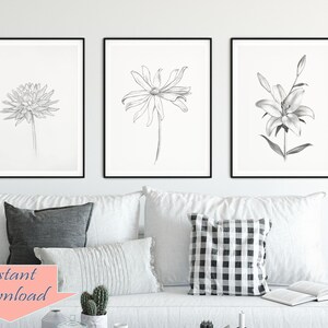 Pu&ograve; includere: Tre stampe in bianco e nero incorniciate di illustrazioni botaniche. Le stampe presentano un singolo fiore in ogni cornice: una dalia, una margherita e un giglio.