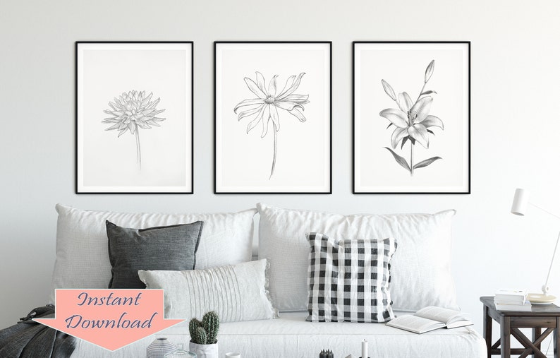 Pu&ograve; includere: Tre stampe in bianco e nero incorniciate di illustrazioni botaniche. Le stampe presentano un singolo fiore in ogni cornice: una dalia, una margherita e un giglio.