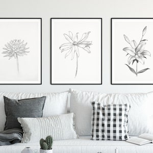 Pu&ograve; includere: Tre stampe in bianco e nero incorniciate di illustrazioni botaniche. Le stampe raffigurano una dalia, una margherita e un giglio.