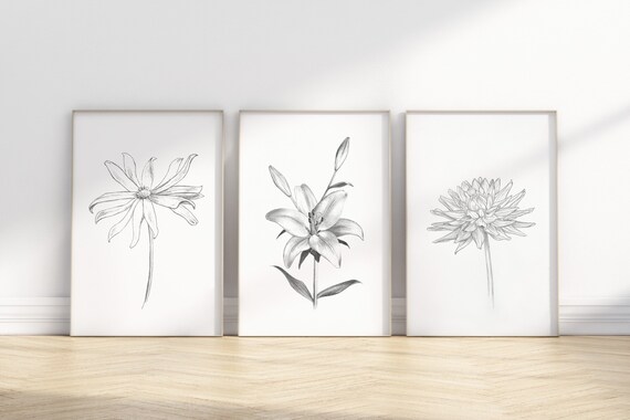 Set of 3 Prints, Digital Download, Black and White Flower Sketch, Botanical Prints, Set Of 3 Wall Art, Floral Print,Minimalist Flower Art