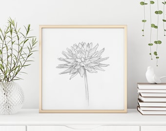 Dahlie Bleistift Skizze Kunstdruck, minimalistische Blume Zeichnung (digitaler Download)