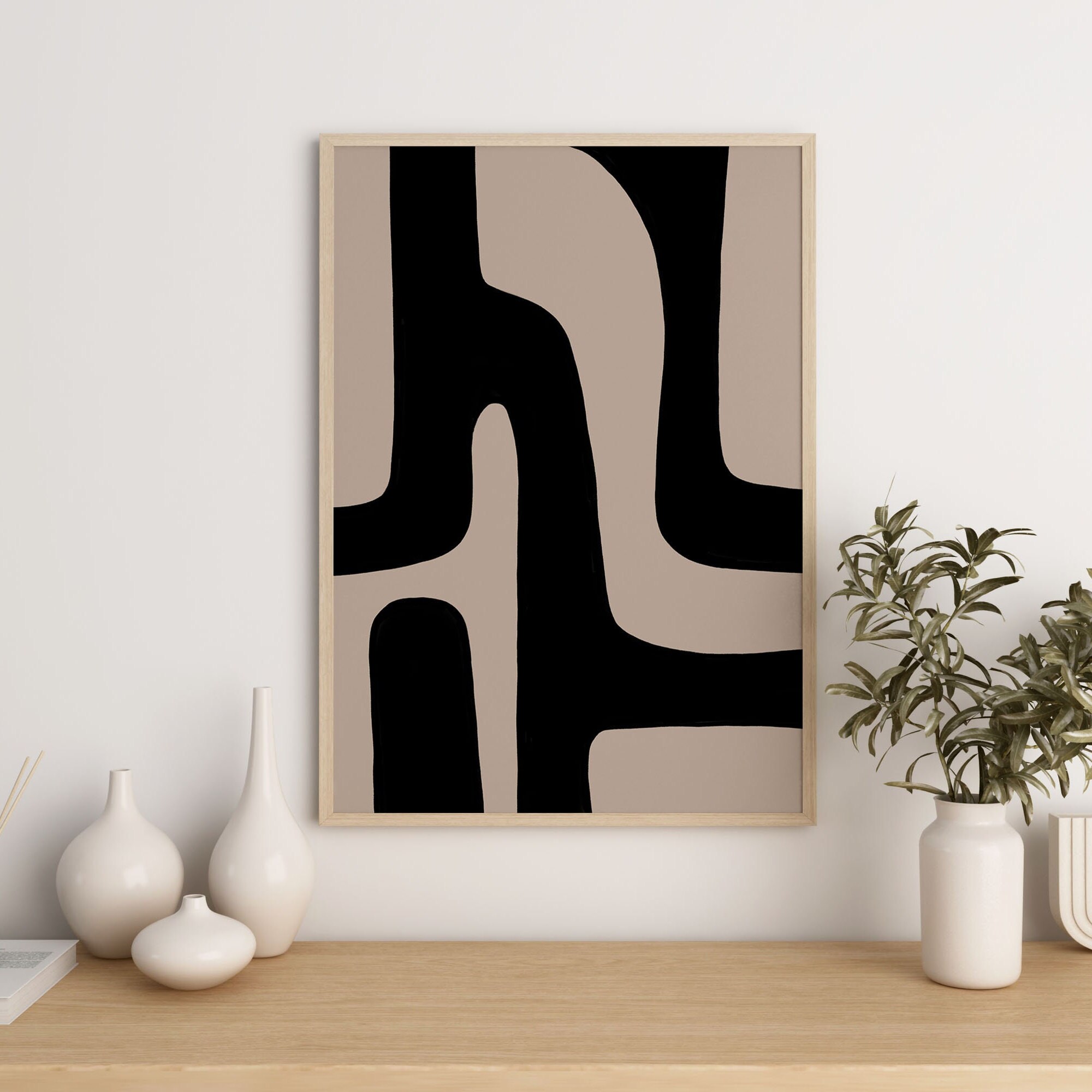Large Abstract Wall Art, Minimalist Poster, Beige and Black Wall Art ...
