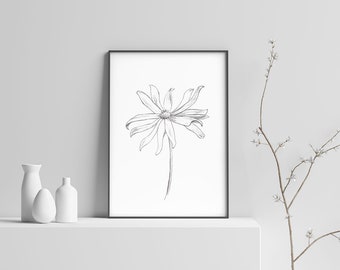 Stampa di un disegno a matita di una margherita, arte botanica minimalista (download digitale)