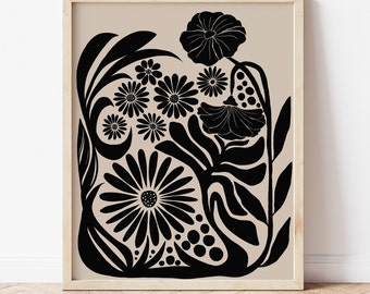 Abstract Floral Art Print, Black Beige Botanical Illustration (Digital Download)