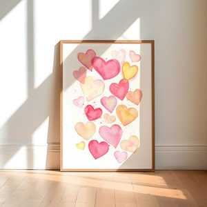 Watercolor Heart Print, Valentines Day Printable, Heart Print, Nursery Wall Art, Pink Heart Printable, Watercolor Hearts, Digital Download