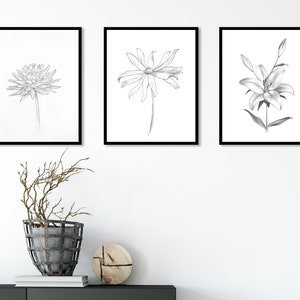 Pu&ograve; includere: Tre stampe botaniche incorniciate in nero. Le stampe presentano un singolo fiore in ogni cornice. I fiori sono una margherita, un girasole e un giglio.
