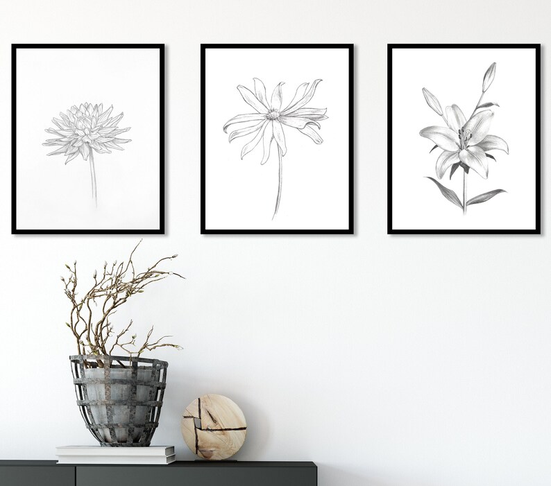 Pu&ograve; includere: Tre stampe botaniche incorniciate in nero. Le stampe presentano un singolo fiore in ogni cornice. I fiori sono una margherita, un girasole e un giglio.