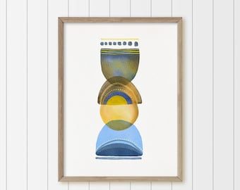 Abstract Geometric Art Print, Blue and Yellow Wall Decor (Digital Download)