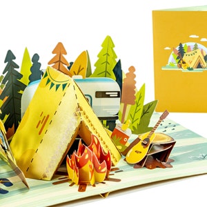 Camping Ausflug - WOW 3D Pop Up Karte für alle Anlässe, Geburtstag, Reise, Liebe, Weihnachten, viel Glück, Glückwünsche | Schiff frei | 18x18cm