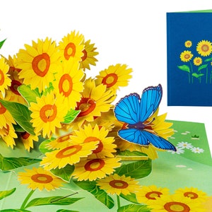 Sonnenblume und Schmetterling - WOW 3D Pop Up Karte für alle Anlässe, Geburtstag, Liebe, Weihnachten, Muttertag, Sommer | Schiff frei | 18x18cm