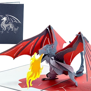 Dragón de Fuego Legendario - Tarjeta emergente 3D de felicitación WOW para toda ocasión - Mensaje / Envío gratis / 15 x 20 cm / Hecha a mano con cariño