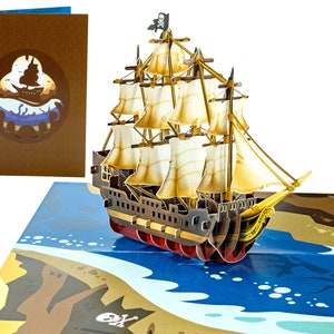 Pirate Ship - WOW 3D Carte de Voeux Pop Up pour Toutes les Occasions, Anniversaire, Amour, Noël, Merci | Navire gratuit | 5x7 pouces