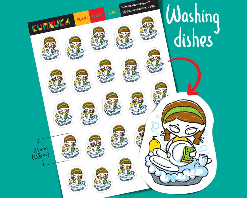 Washing Dishes Girl Planner Stickers Dish Washing Chore | Etsy