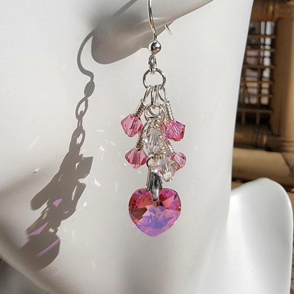 Valentine's Day Rose Swarovski Crystal Heart Dangle Earrings