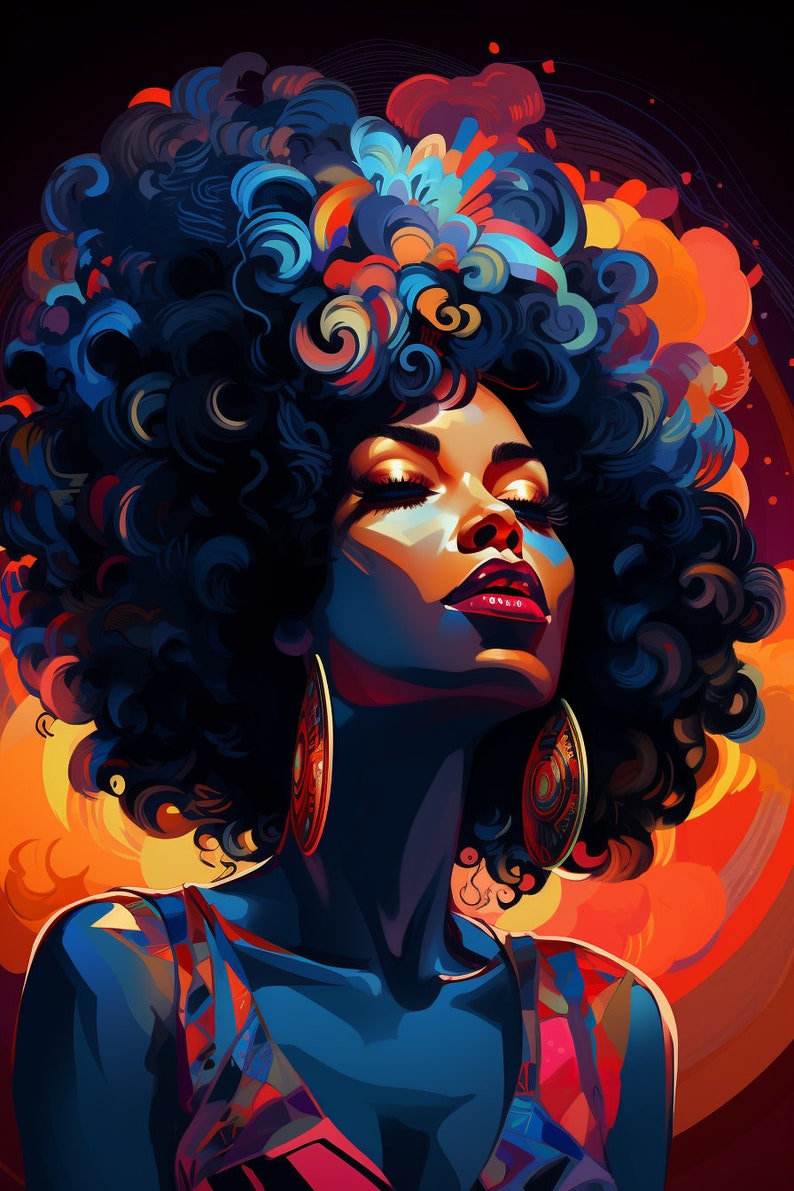 Deep Blue Afro Woman Poster Etsy
