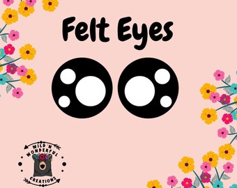 May include: Felt eyes for crafts, with black circles and white circles inside. The image has a pink background with floral borders and the text "Felt Eyes" in black.