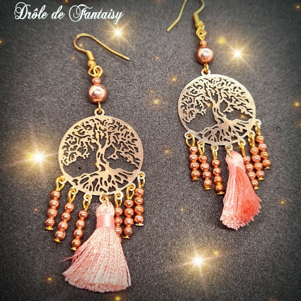 Boucle d'oreilles  arbre de vie pompon