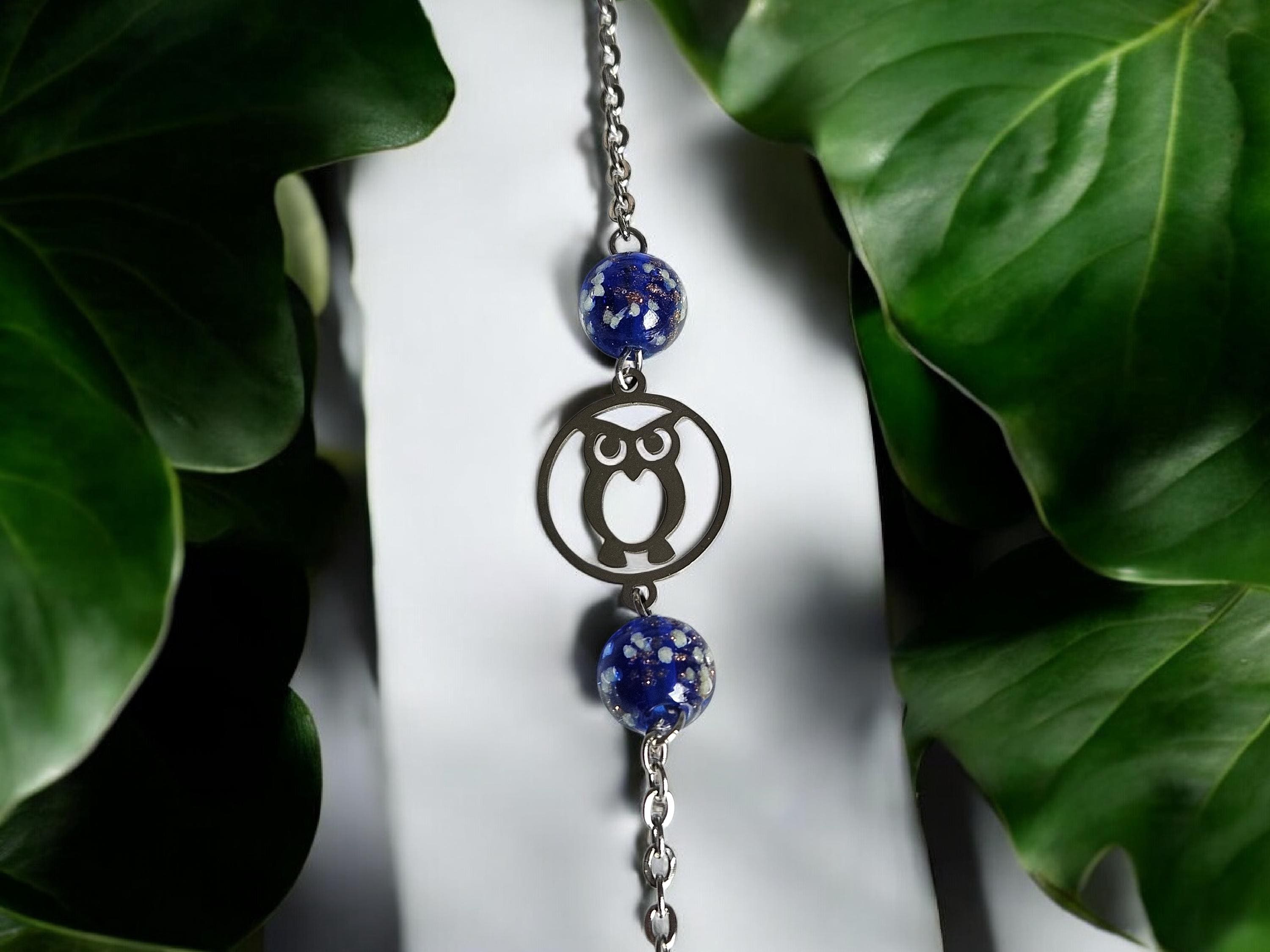 Bracelet hiboux acier et perles bleu en verre