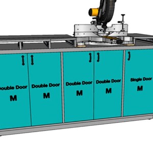 May include: A light blue cabinet with five doors. The cabinet has two double doors labelled "Double Door M" on the left, two double doors labelled "Double Door M" in the centre, and one single door labelled "Single Door M" on the right. A saw is on top of the cabinet.