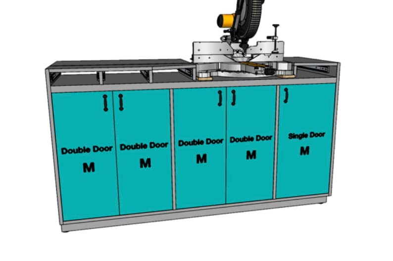 May include: A light blue cabinet with five doors. The cabinet has two double doors labelled "Double Door M" on the left, two double doors labelled "Double Door M" in the centre, and one single door labelled "Single Door M" on the right. A saw is on top of the cabinet.