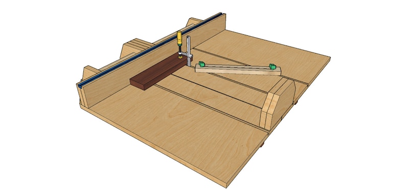 K&ouml;nnte beinhalten: Eine Holzbearbeitungslehre mit einem Holzbrett, das mit einer Klemme befestigt ist. Die Lehre hat einen Anschlag und einen Gehrungsschlitten und ist aus Sperrholz gefertigt. Das Brett wird mit einer Klemme und einem Schraubendreher fixiert.