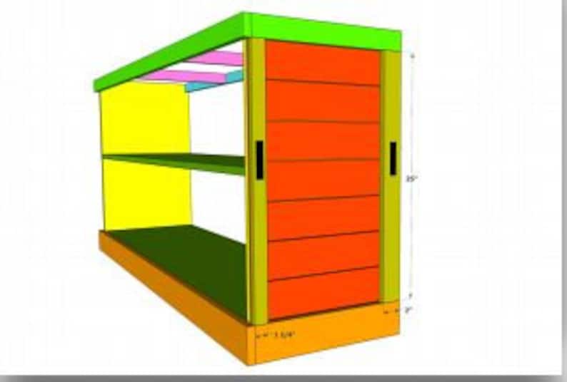 May include: A wooden shelf unit with a sliding door. The shelf unit is painted in various colors, including yellow, green, orange, and pink. The shelf unit has two shelves and a bottom base. The sliding door is made of wood slats and has two black handles.