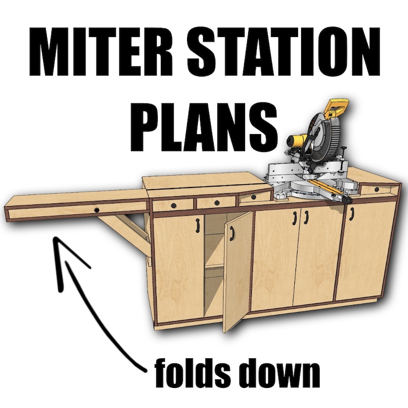 May include: A woodworking project plan for a miter station with a folding extension table and storage cabinets. The station is designed to hold a miter saw and has a folding table that can be raised or lowered for use.