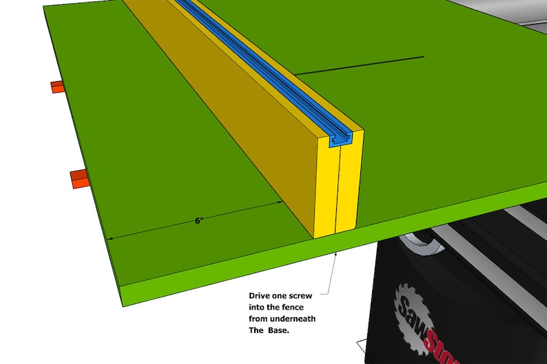 K&ouml;nnte beinhalten: Ein gelber Holzzaun mit einer blauen Schiene, die an einer gr&uuml;nen Oberfl&auml;che befestigt ist. Der Zaun ist 15,24 cm lang. Der Text "Drive one screw into the fence from underneath The Base." befindet sich unterhalb des Zauns.