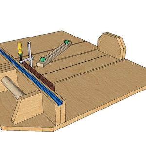 K&ouml;nnte beinhalten: Ein Holz-Jig mit einer blauen Schiene und einer Klemme, die zwei Schraubendreher h&auml;lt. Der Jig hat eine Holzbasis und eine Reihe von Schlitzen zum Halten von Holz.
