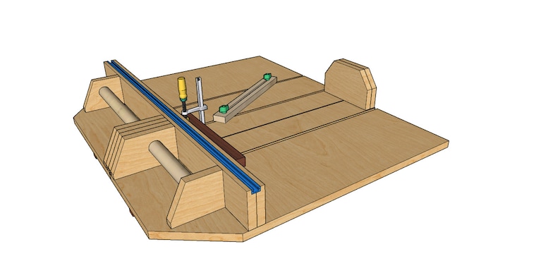 K&ouml;nnte beinhalten: Ein Holz-Jig mit einer blauen Schiene und einer Klemme, die zwei Schraubendreher h&auml;lt. Der Jig hat eine Holzbasis und eine Reihe von Schlitzen zum Halten von Holz.