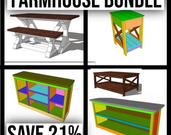 Farmhouse Woodwork Plan Bundle / Top 5 of our Most Popular Woodworking Plans / Farmhouse End Table Plan / Farmhouse Table Plan