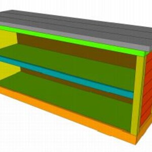 May include: A wooden shelf unit with two shelves. The unit is painted in various colors, including orange, yellow, green, and blue. The top shelf is wider than the bottom shelf and has a gray top.