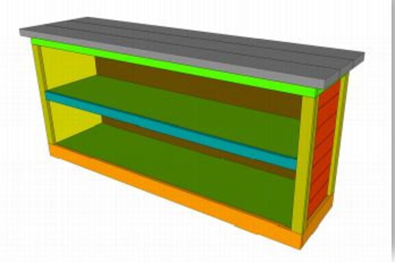 May include: A wooden shelf unit with two shelves. The unit is painted in various colors, including orange, yellow, green, and blue. The top shelf is wider than the bottom shelf and has a gray top.