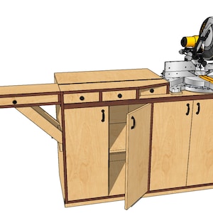 May include: A wooden cabinet with a mitre saw mounted on top. The cabinet has four doors, two of which are open, revealing shelves inside. The cabinet also has three drawers, one of which is open. The cabinet is made of light wood with dark brown trim.