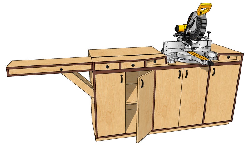 May include: A wooden cabinet with a mitre saw mounted on top. The cabinet has four doors, two of which are open, revealing shelves inside. The cabinet also has three drawers, one of which is open. The cabinet is made of light wood with dark brown trim.