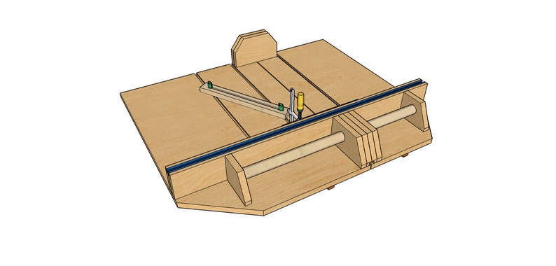 K&ouml;nnte beinhalten: Ein Holz-Gehrungss&auml;gen-Jig mit einem blauen Ma&szlig;band und einem Holzstift. Der Jig hat einen Schiebemechanismus und eine Klemme zum Festhalten des Holzes.