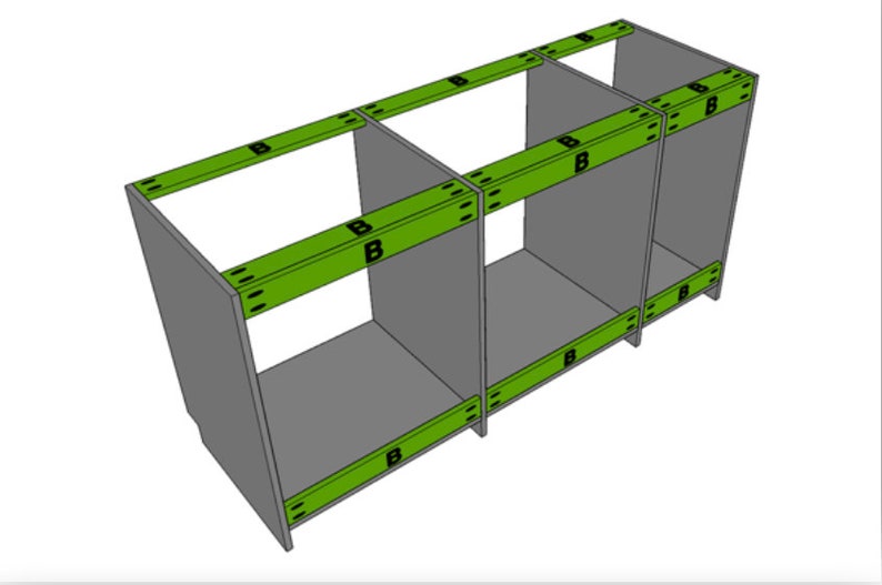 May include: A three-section cabinet with green support beams. The beams are labelled with the letter "B" and have a series of small holes along the top and bottom edges.