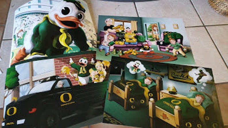 May include: Set of four green and yellow cartoon illustrations featuring the University of Oregon mascot, the Duck. The illustrations depict the Duck in various scenes, including a family gathering, a car ride, and a dream sequence.