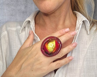 Murano glazen ring, damesring, grote ring, maxi ring, handgemaakte ring, handgemaakte ring, rode ring, cadeau-idee