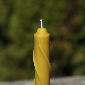 Può includere: Una candela di cera d'api gialla con un design a spirale. La candela ha uno stoppino bianco e una superficie liscia e strutturata. La candela è alta circa 15 cm.