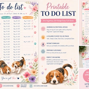 Planificador de tareas con diseño de perro beagle en acuarela / Organizador de tareas florales (Descarga instantánea)