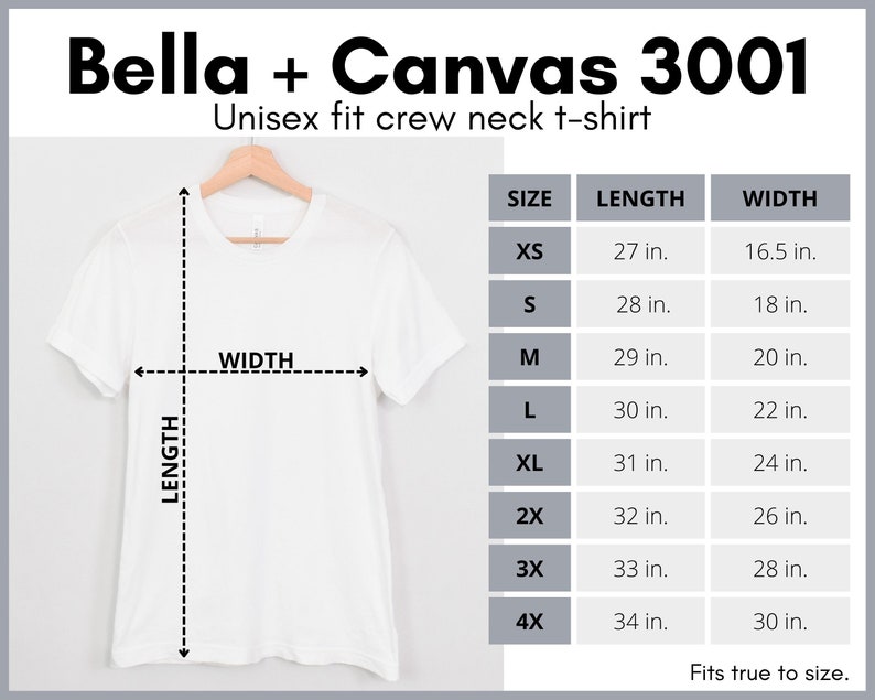 Pu&ograve; includere: Una maglietta bianca unisex Bella + Canvas 3001 con girocollo appesa a una gruccia. L'immagine include una tabella delle taglie con misure in pollici per lunghezza e larghezza, dalla XS alla 4X. La lunghezza varia da 68,58 cm a 86,36 cm.