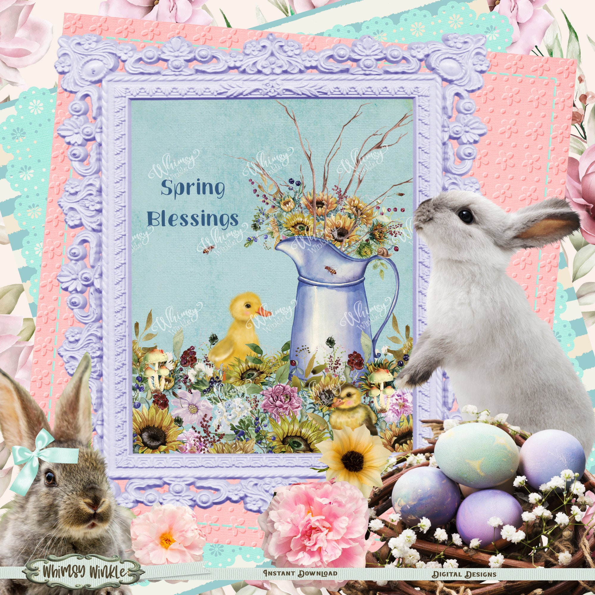 Cute chick and duck with flowers in water pitcher, Spring Blessings, Instant download Printable, watercolor print, easter for sale  