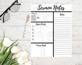 Printable Sermon Notes - Black and White Floral
